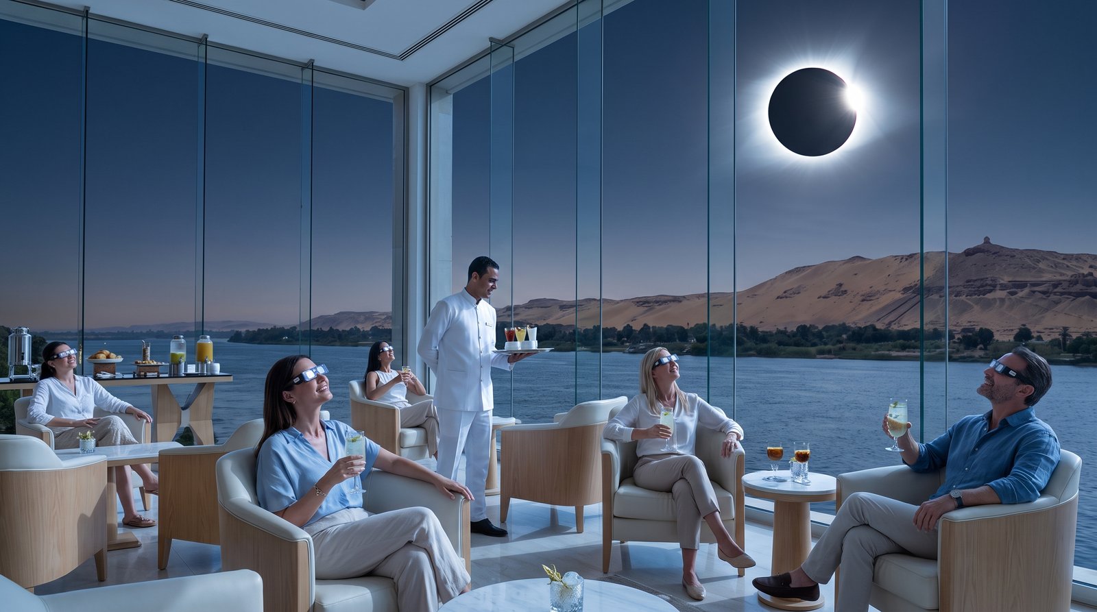 Guests watching totality from the air-conditioned glass lounge