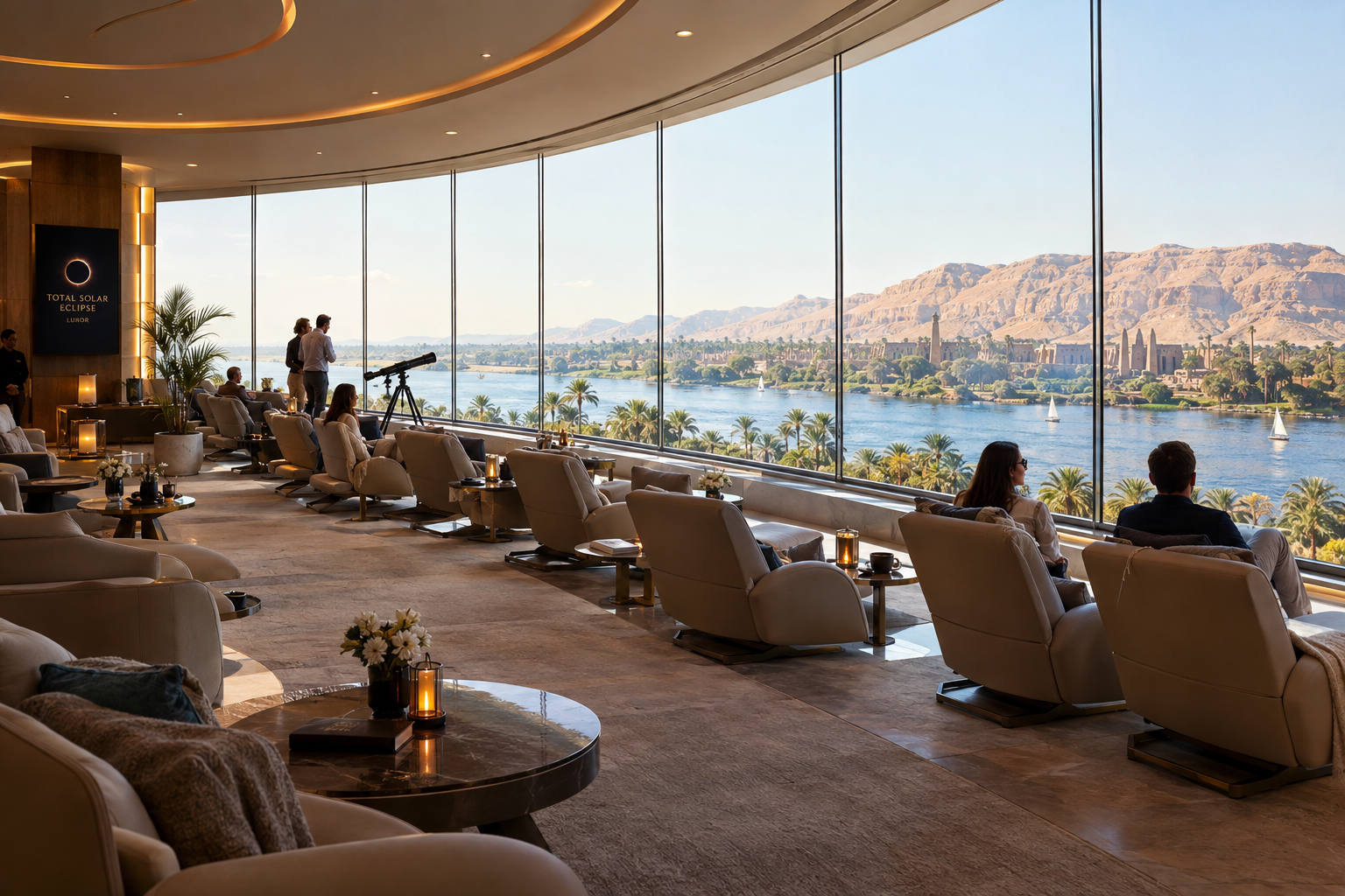 360 degree panoramic glass VIP eclipse lounge overlooking the Nile in Luxor