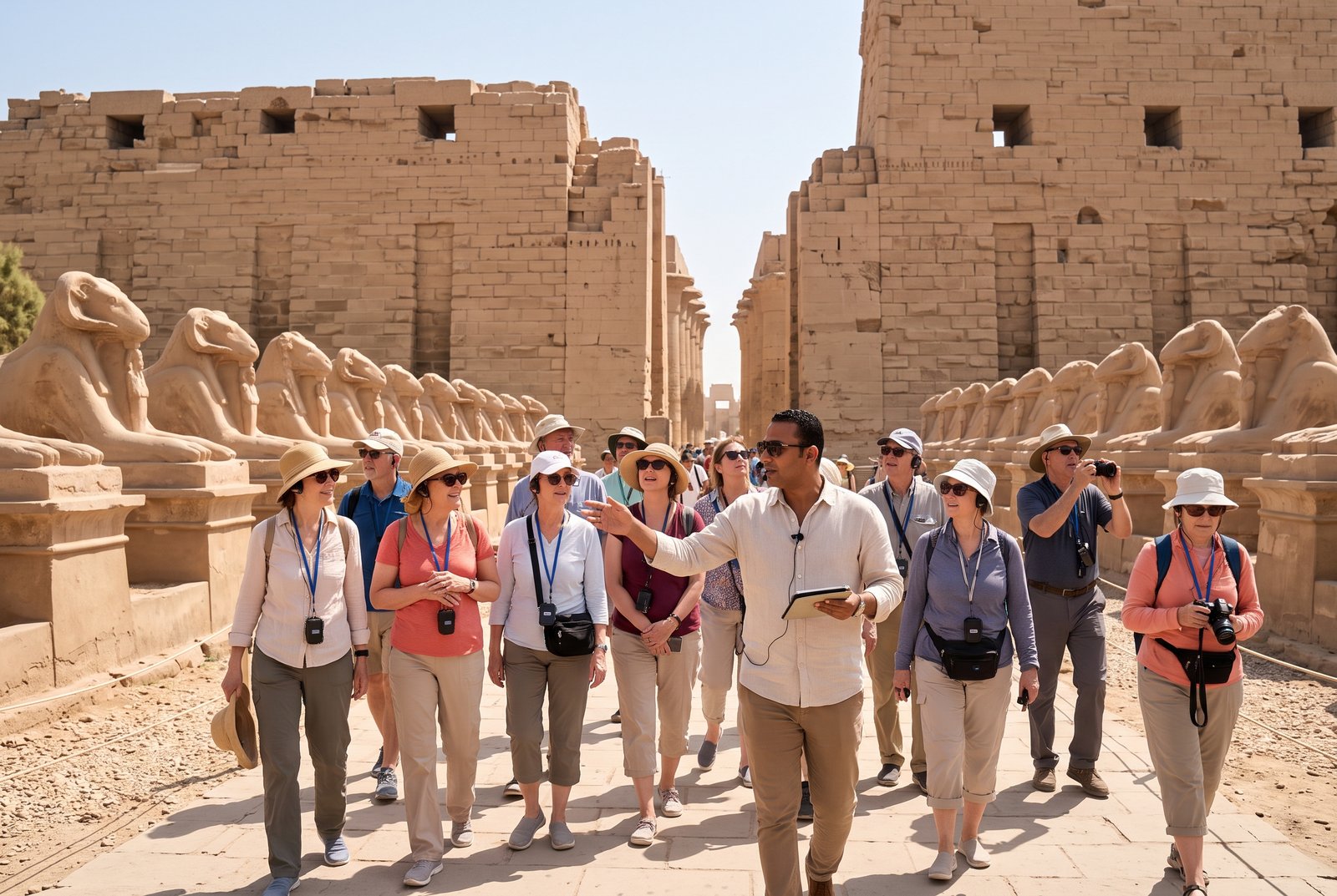 Tour group walking along the avenue of ram-headed sphinxes at Karnak Temple in Luxor