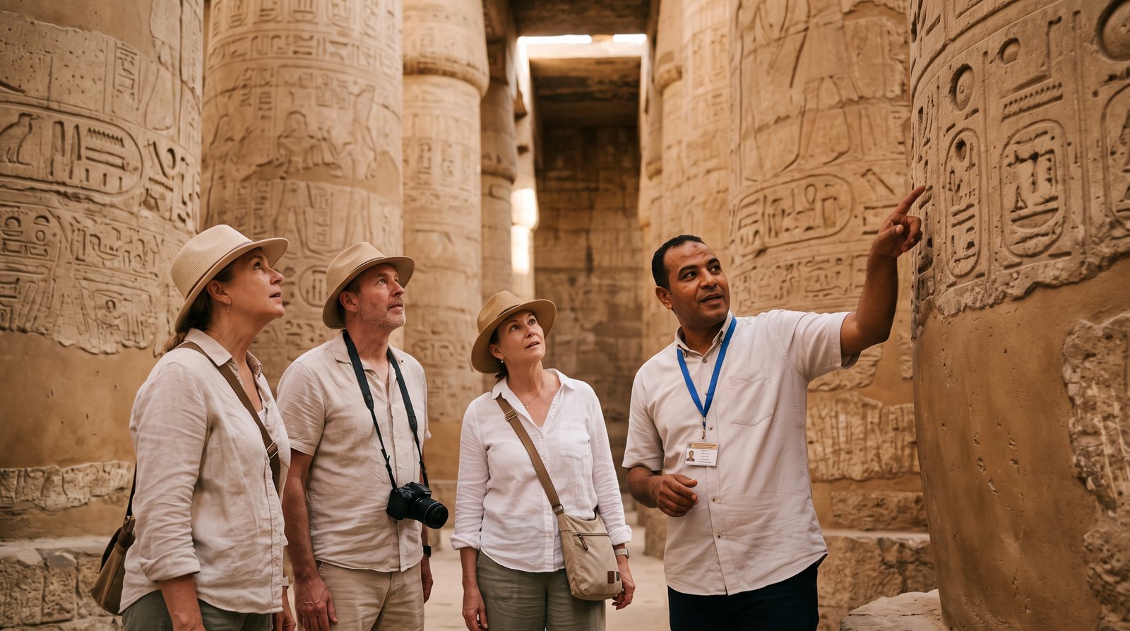 Egyptologist guide explaining hieroglyphs to a small group of travelers inside Karnak Temple in Luxor