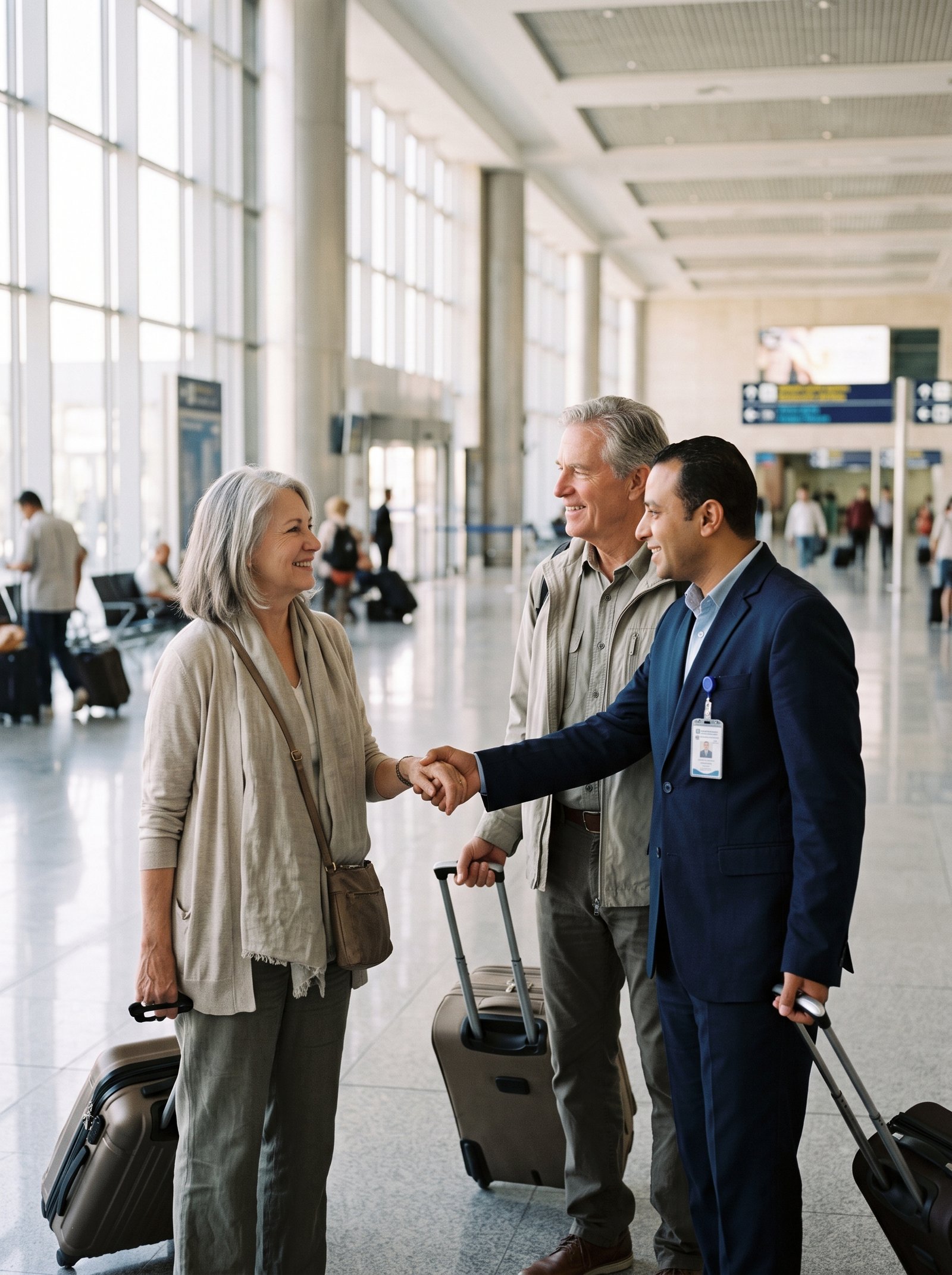 Tour representative greeting arriving travelers in the arrivals hall at Cairo International Airport