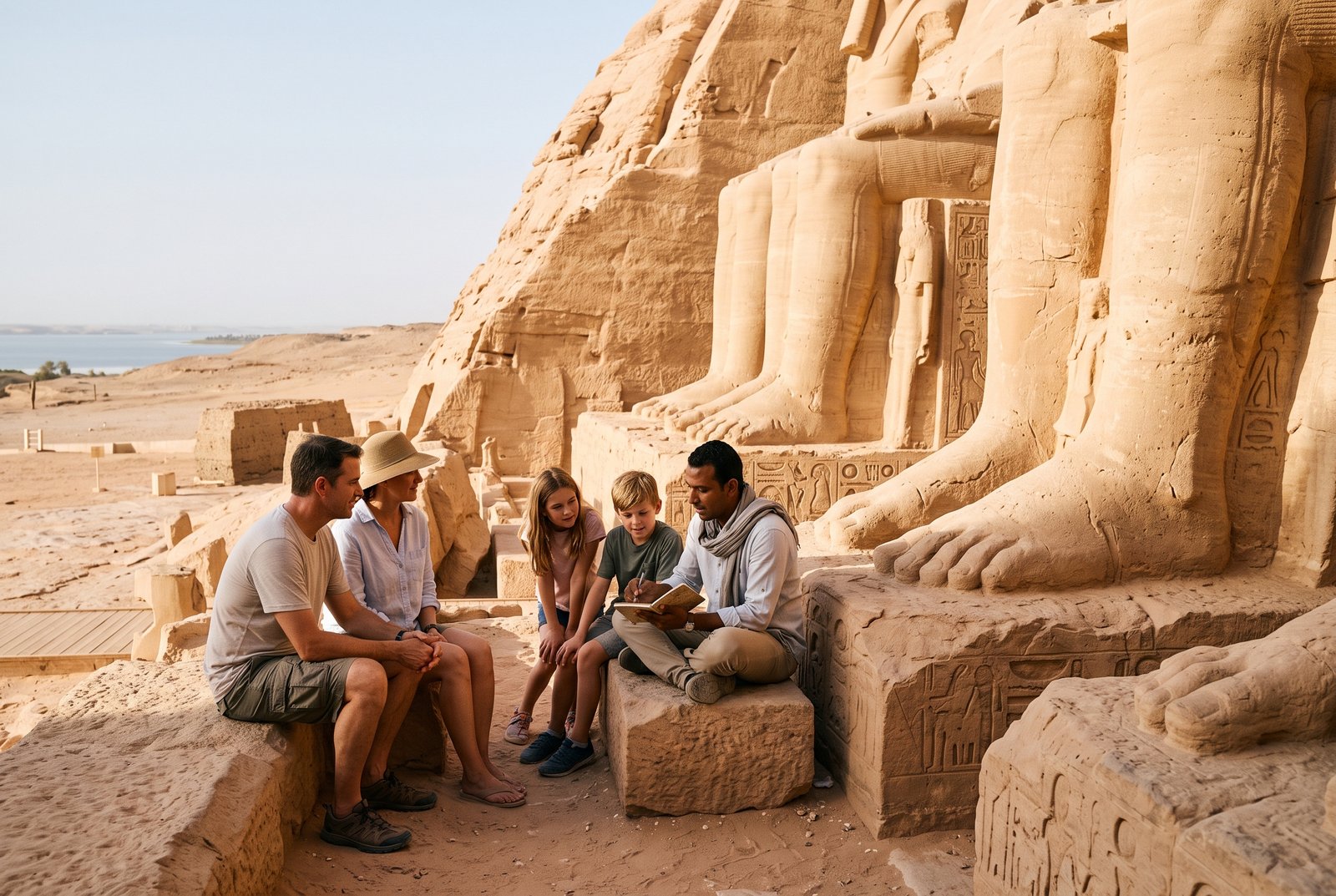 Family with a private guide sitting in the shade beside the colossal statues of Abu Simbel