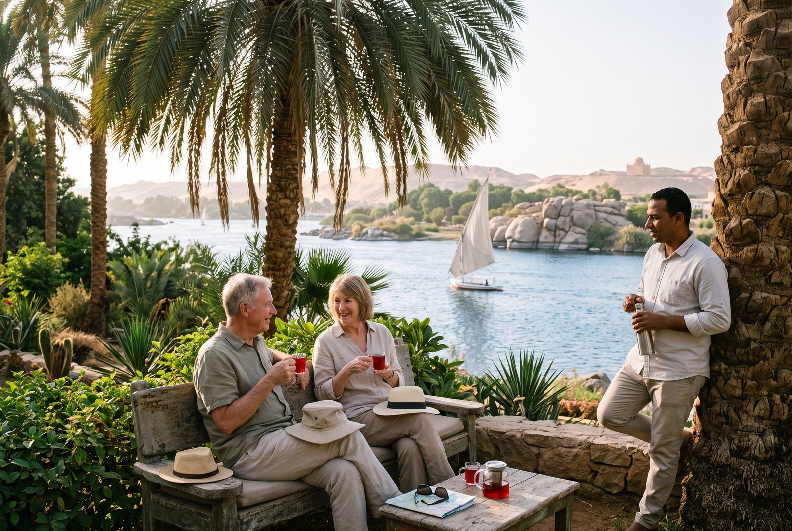 Older traveler resting on a shaded bench in a Nile-side garden in Aswan