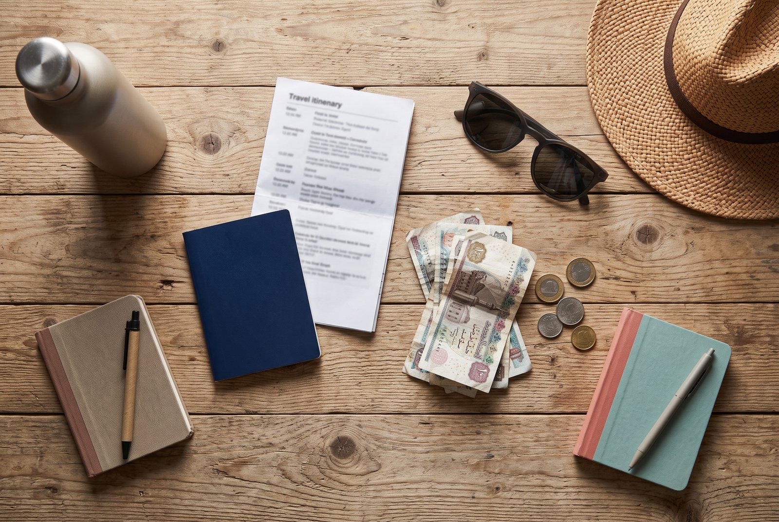 Passport, printed itinerary, cash for tips, sunglasses and a sun hat laid out on a table before a trip to Egypt