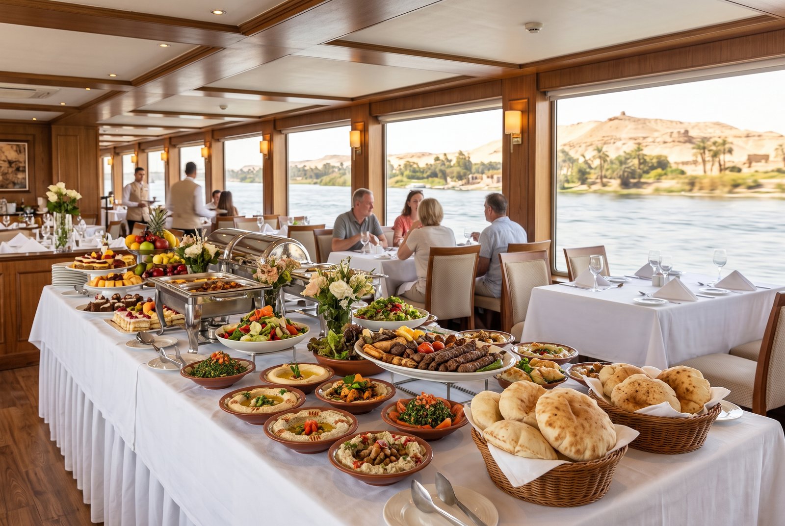 Buffet lunch in the restaurant of a Nile cruise ship with river views through panoramic windows
