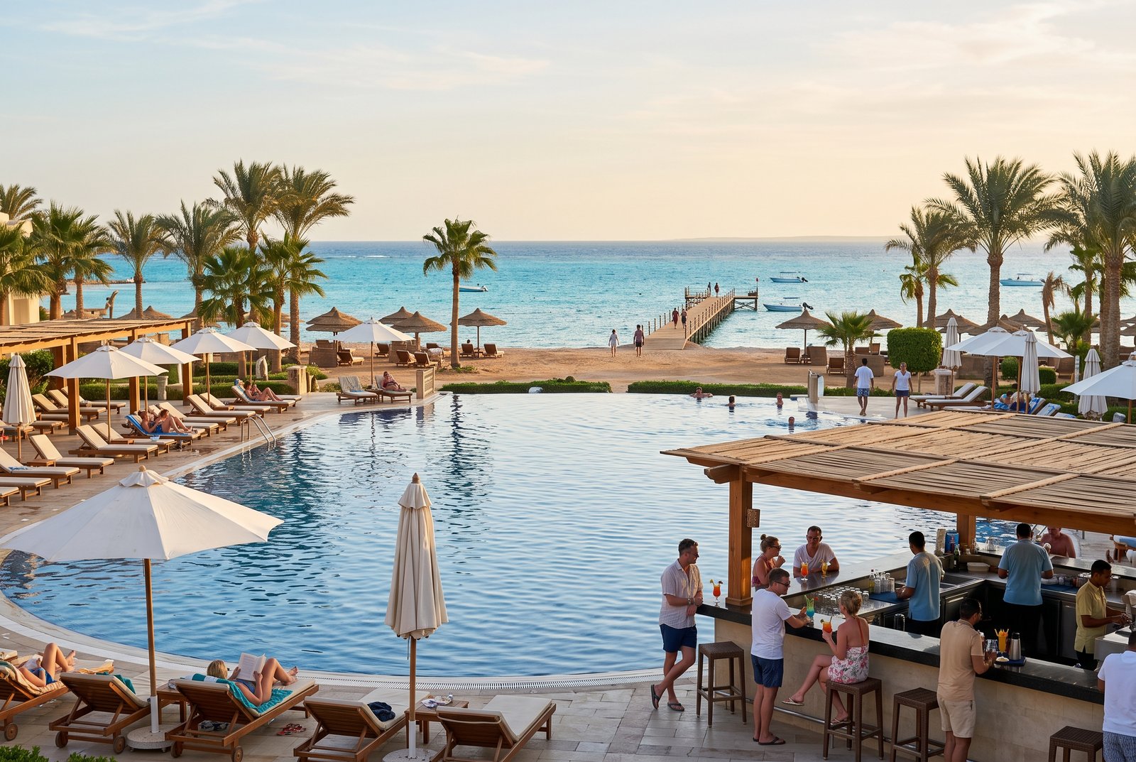 Infinity pool, sun loungers and poolside bar at an all-inclusive beach resort on the Red Sea near Hurghada, Egypt