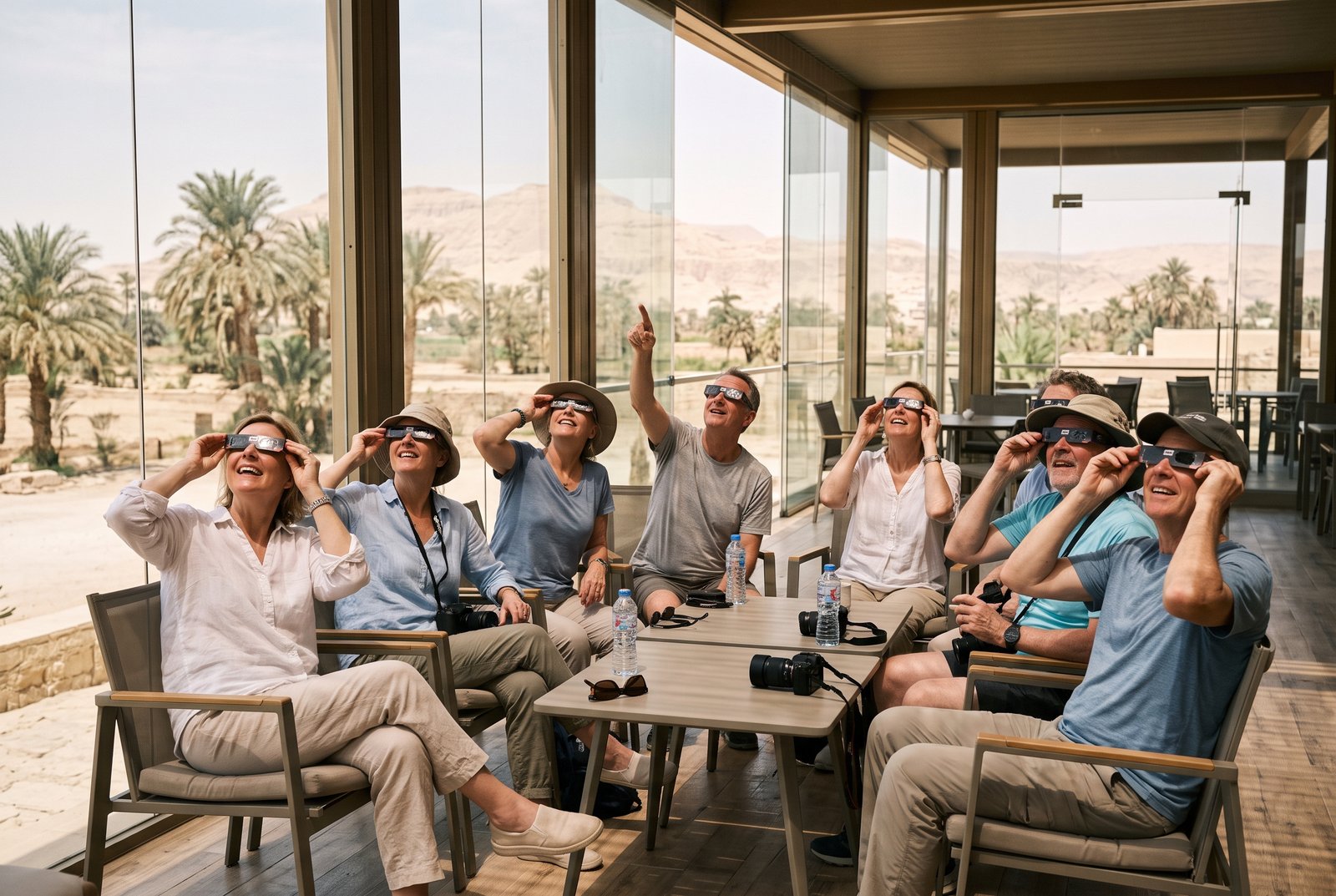 Travelers wearing certified solar eclipse glasses watching the partial eclipse from a shaded terrace in Luxor, Egypt