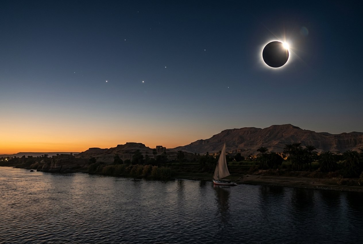 Diamond ring moment of a total solar eclipse over the Nile and the West Bank hills of Luxor, Egypt