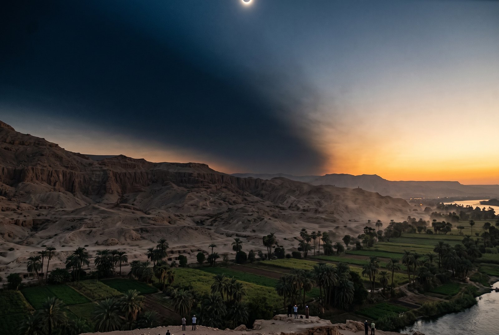 The Moon's dark shadow sweeping across the desert hills of Luxor's West Bank moments before totality