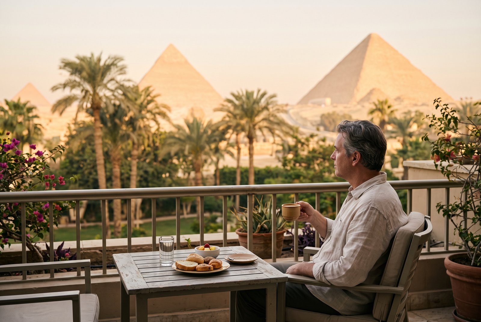 Traveler relaxing with morning coffee on a hotel balcony overlooking the Pyramids of Giza in Cairo
