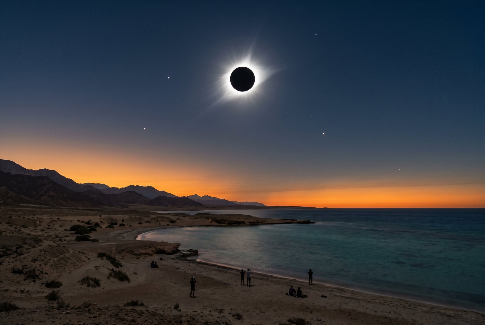 Total solar eclipse over the Red Sea coast near Marsa Alam, Egypt, with the desert mountains in silhouette