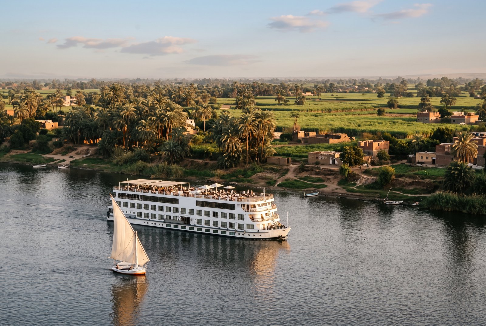 Nile cruise ship sailing between Luxor and Aswan past palm-lined riverbanks